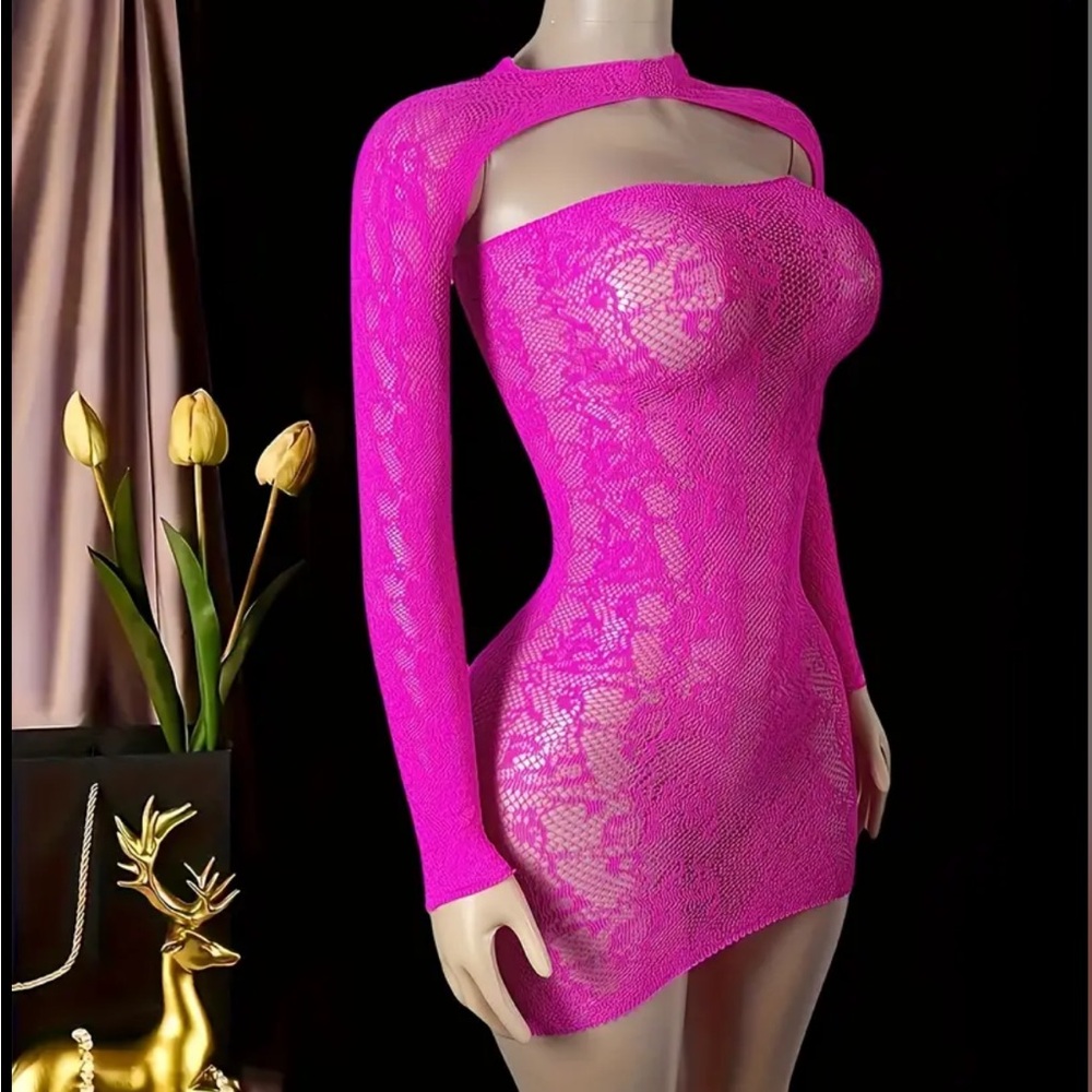 Hot Pink Long-Sleeve Beach Cover Fishnet Dress